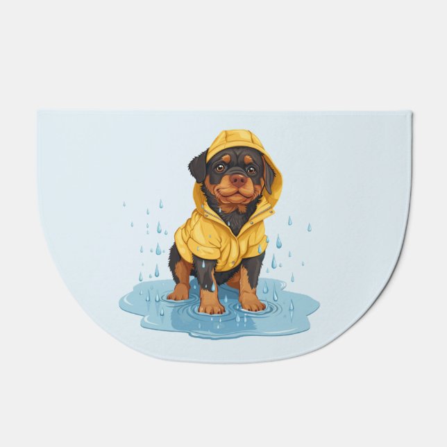 Cute Rottweiler Dog Wearing Raincoat Doormat (Front)