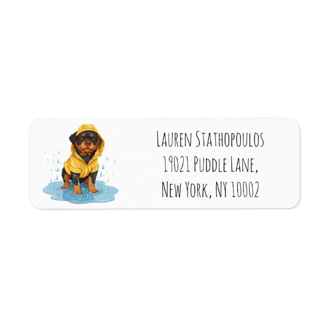 Cute Rottweiler Dog Wearing Raincoat Label (Front)