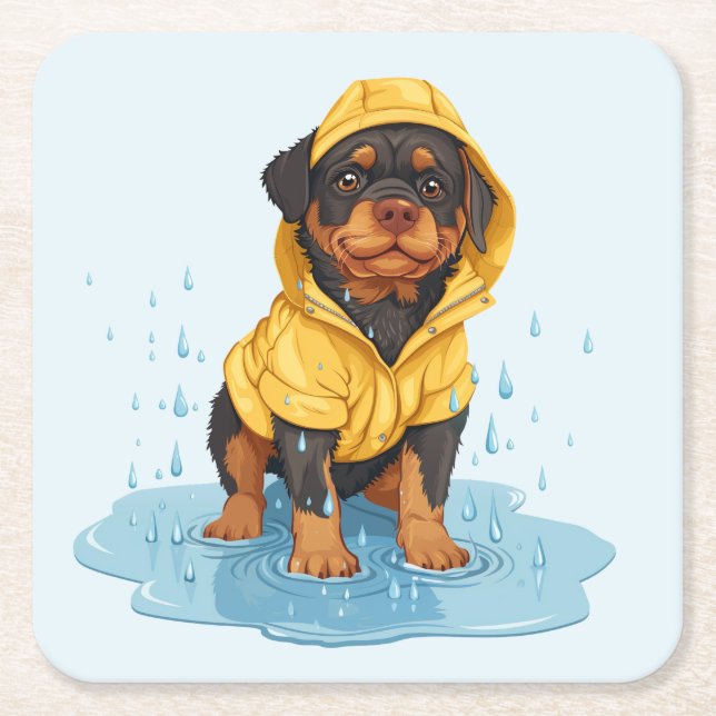 Cute Rottweiler Dog Wearing Raincoat Square Paper Coaster (Front)