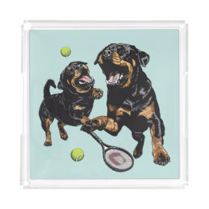 Cute Rottweiler Dogs Playing Tennis Acrylic Tray