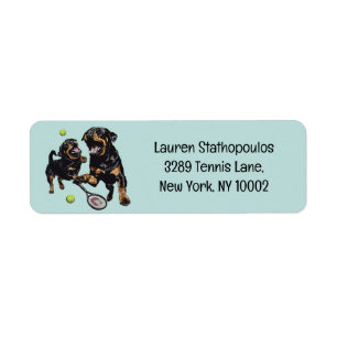 Cute Rottweiler Dogs Playing Tennis Label