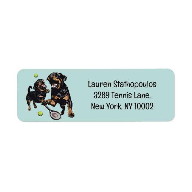 Cute Rottweiler Dogs Playing Tennis Label (Front)