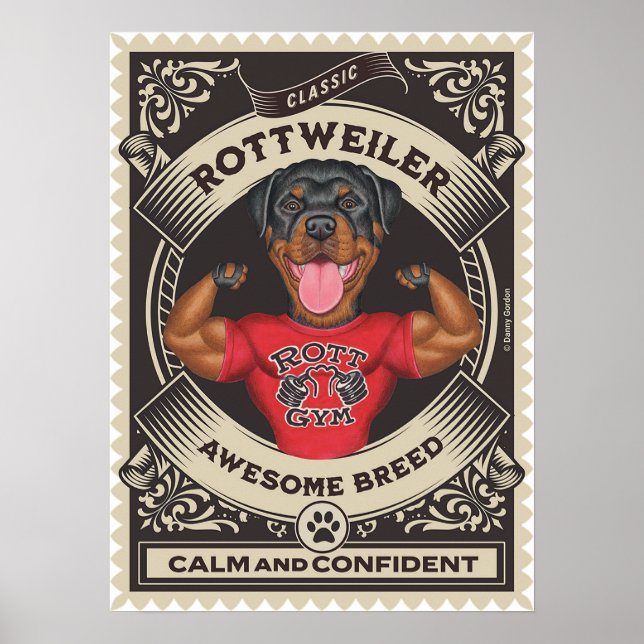 Cute Rottweiler Flexing Muscles Poster (Front)