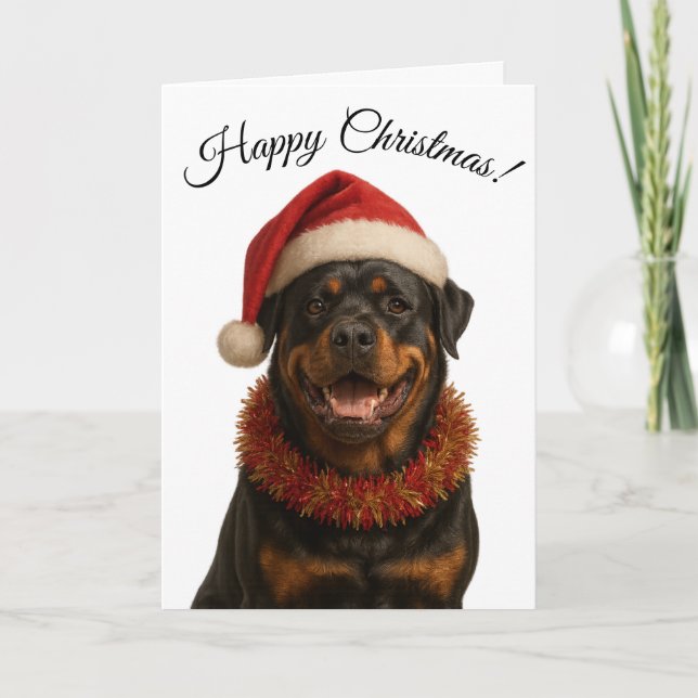 Cute Rottweiler in a Santa hat Christmas card (Front)
