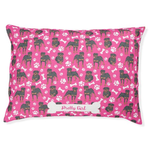 Cute Rottweiler Paws Bones Pink Pet Bed