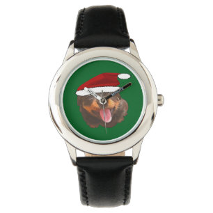 Cute Rottweiler Pup Wearing Holiday Santa Hat Watch