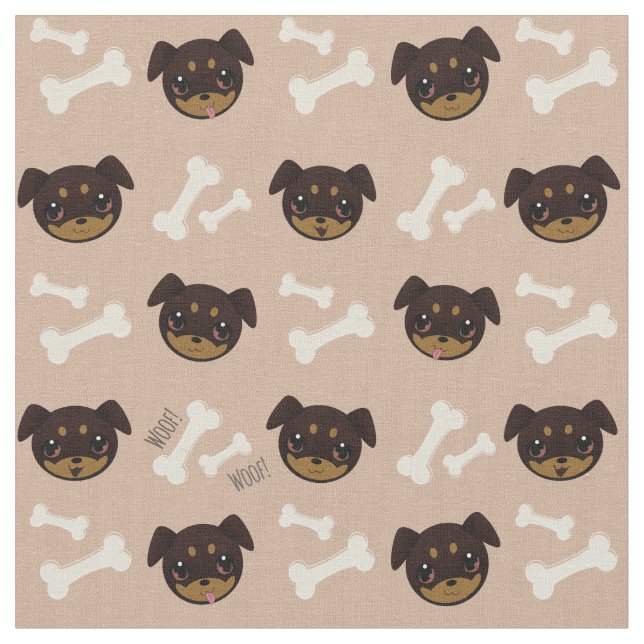 Cute Rottweiler Puppy & Bones Pattern Fabric (Close Up)