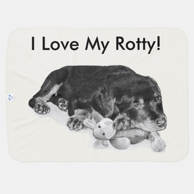 cute rottweiler puppy cuddling teddy bear dog stroller blanket (Back Horizontal)