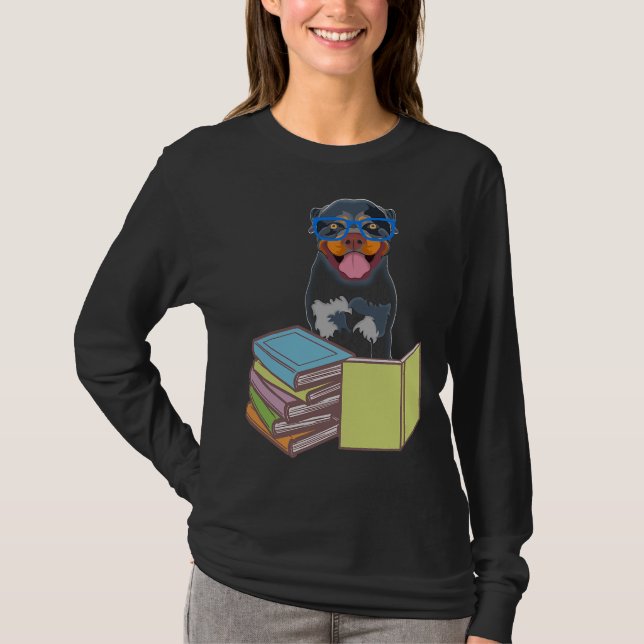 Cute Rottweiler Puppy Dog Bookworm Passionate Book T-Shirt (Front)