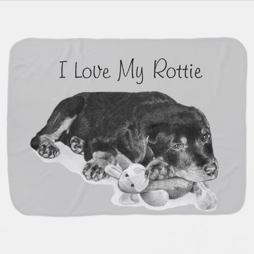 cute rottweiler puppy dog cuddling teddy bear art baby blanket