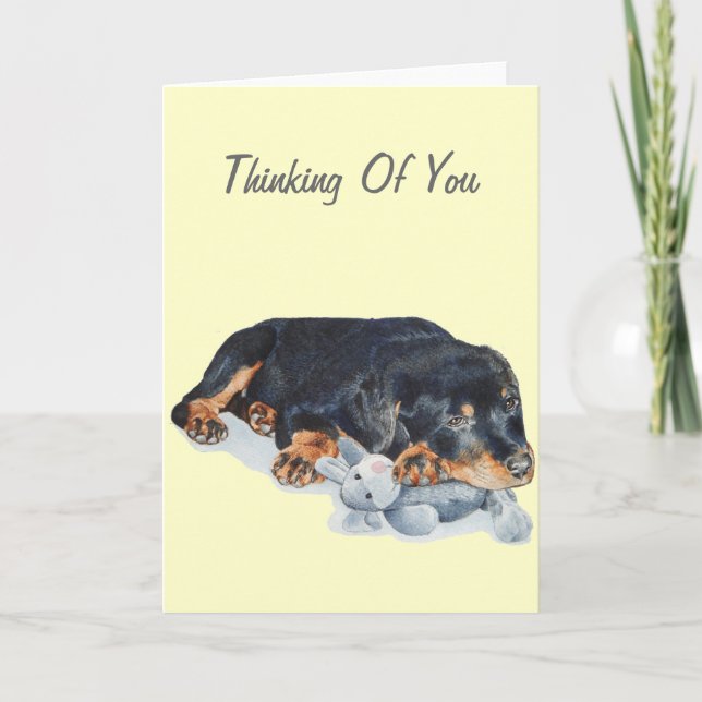 cute rottweiler puppy dog cuddling teddy bear art card (Front)