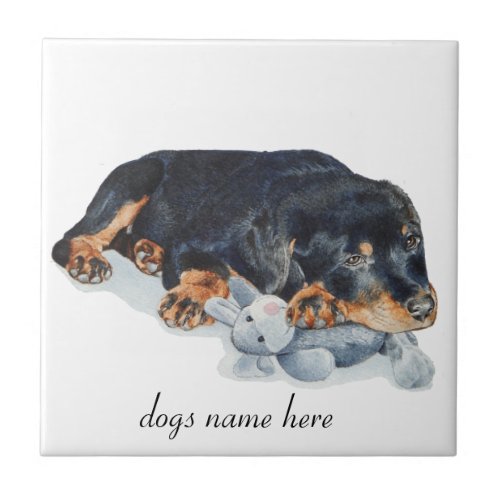 cute rottweiler puppy dog cuddling teddy bear art ceramic tile