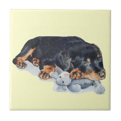 cute rottweiler puppy dog cuddling teddy bear art ceramic tile