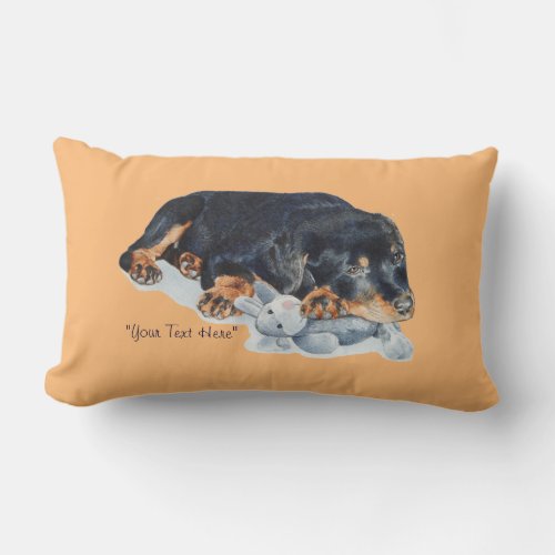 cute rottweiler puppy dog cuddling teddy bear art lumbar pillow