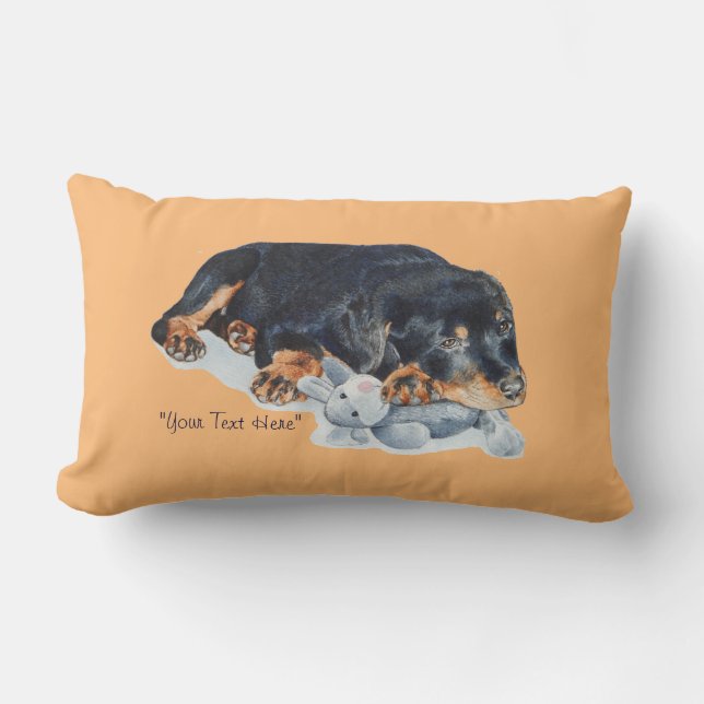 cute rottweiler puppy dog cuddling teddy bear art lumbar pillow (Front)