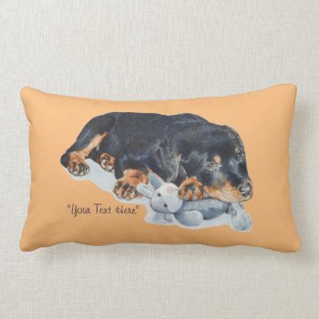 Cute Rottweiler Puppy Dog Cuddling Teddy Bear Art Lumbar Pillow by artoriginals at Zazzle