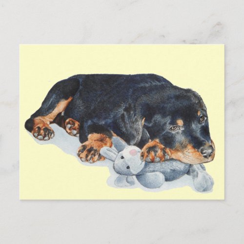 cute rottweiler puppy dog cuddling teddy bear art postcard
