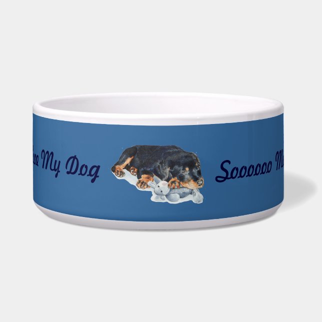 cute rottweiler puppy dog cuddling teddy bear bowl (Front)