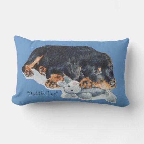 cute rottweiler puppy dog cuddling teddy bear lumbar pillow