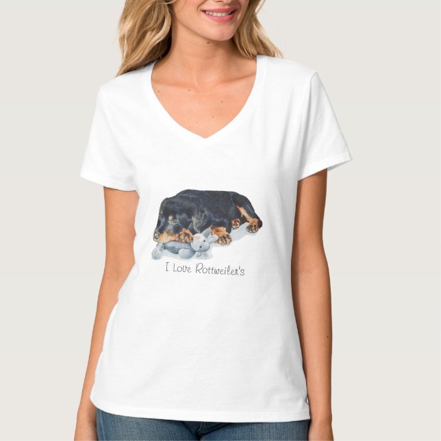 cute rottweiler puppy dog cuddling teddy bear T-Shirt (Front)