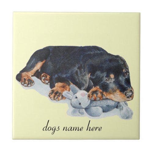 cute rottweiler puppy dog cuddling teddy bear tile