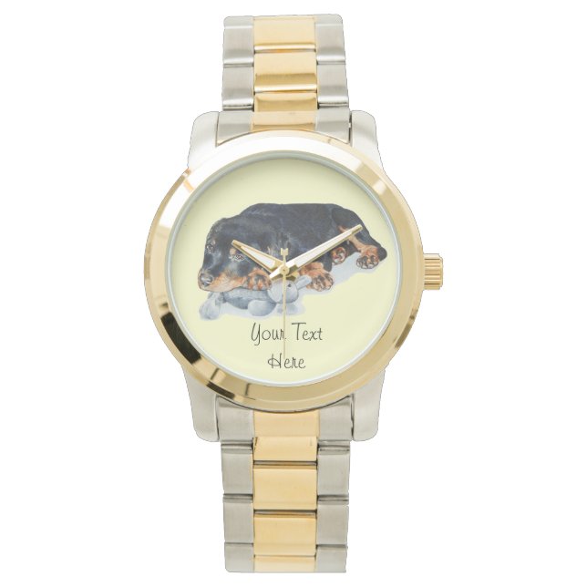 cute rottweiler puppy dog cuddling teddy bear watch (Front)