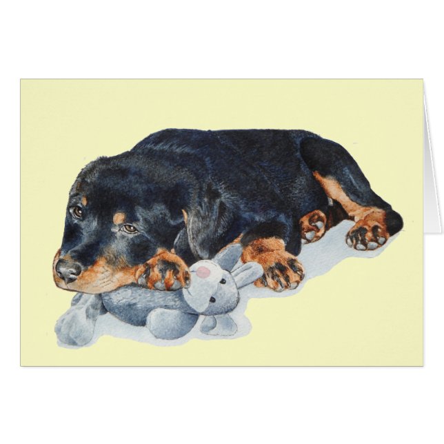 cute rottweiler puppy dog cuddling teddy blank cards (Front Horizontal)