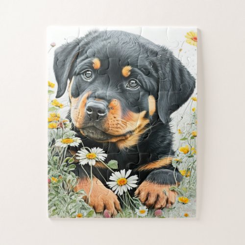 Cute Rottweiler Puppy Dog Watercolor Floral  Jigsaw Puzzle