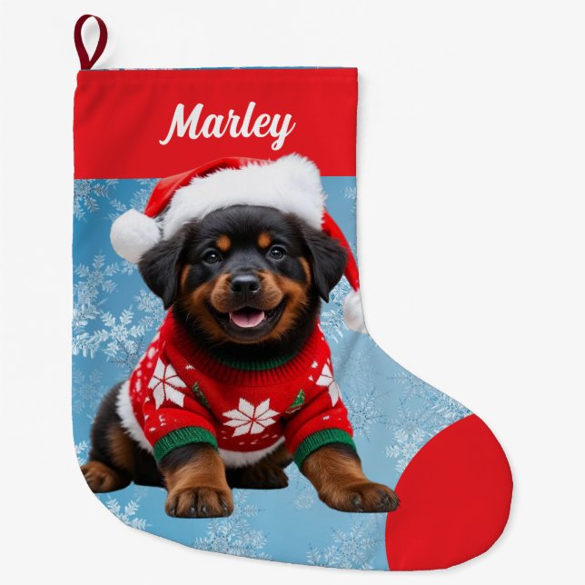 Cute Rottweiler Puppy in Sweater Personalized Large Christmas Stocking (Front)