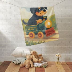 Cute Rottweiler Puppy Toy Train Pastel Baby Blanket