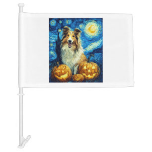Cute Rough Collie Dog Halloween Jack O Lantern Pum Car Flag