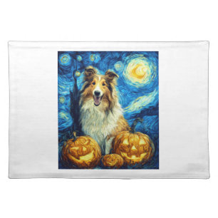 Cute Rough Collie Dog Halloween Jack O Lantern Pum Cloth Placemat