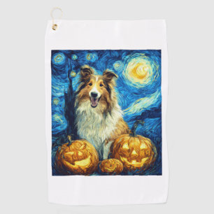 Cute Rough Collie Dog Halloween Jack O Lantern Pum Golf Towel