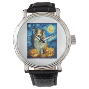 Cute Rough Collie Dog Halloween Jack O Lantern Pum Watch