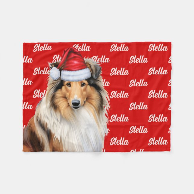 Cute Rough Collie Dog Name Patterned Red Christmas Fleece Blanket (Front (Horizontal))