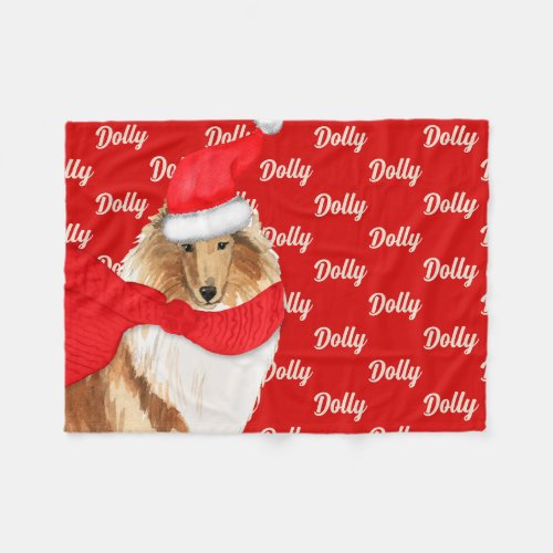 Cute Rough Collie Dog Name Patterned Red Christmas Fleece Blanket