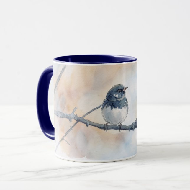 Cute Round Bird Junco on Branch Art Mug Cup (Front Left)