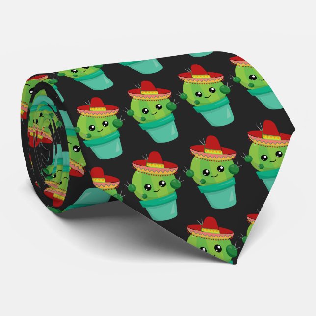 Cute Round Cactus in a Red Sombrero Pattern Neck Tie (Rolled)