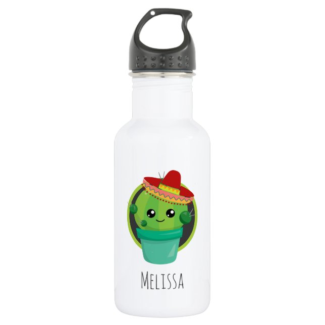 Cute Round Cactus in a Red Sombrero Stainless Steel Water Bottle (Front)