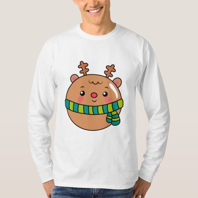 Cute Round Deer in Scarf  T-Shirt (Front)