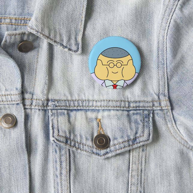 Cute Round Face Business Employee ID Badge Blue Button (In Situ)