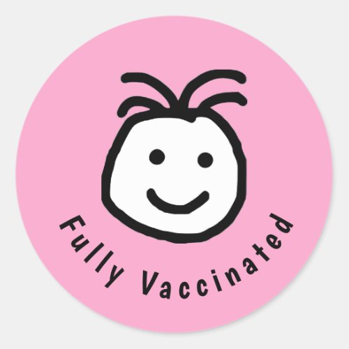 Cute Round Happy Face Fully Vaccinated Pink Classic Round Sticker