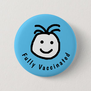 Cute Round Happy Face Fully Vaccinated Text Blue Button