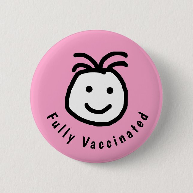 Cute Round Happy Face Fully Vaccinated Text Button (Front)