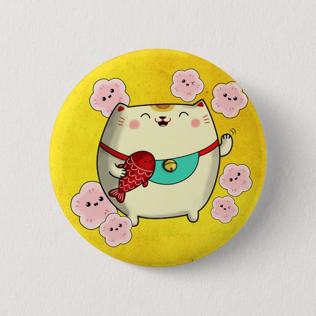 Cute Round Maneki Neko Cat Pinback Button (Front)