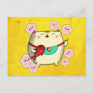 Cute Round Maneki Neko Cat Postcard