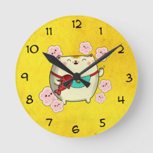 Cute Round Maneki Neko Cat Round Clock