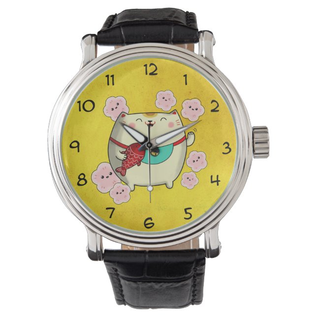Cute Round Maneki Neko Cat Watch (Front)