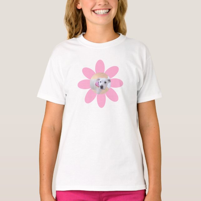 Cute Round Photo of Puppy Dog in Pink Flower T-Shirt (Front)