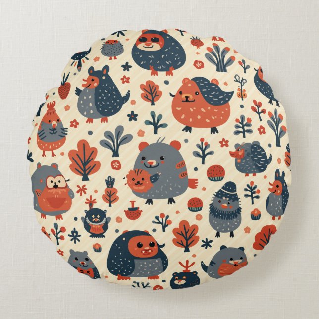 Cute round pillow with hedgehog and small animals (Front)